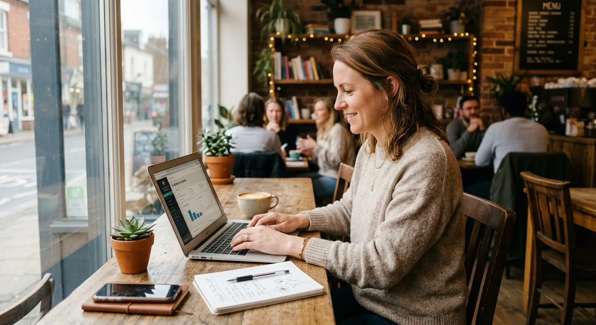 Small business owner reviewing web hosting options